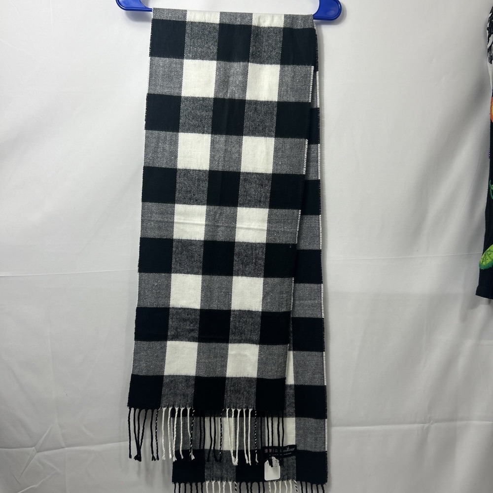 Cashmere Scarf Classic Buffalo Check Plaid Winter Fringe Wrap Black White 69X12"